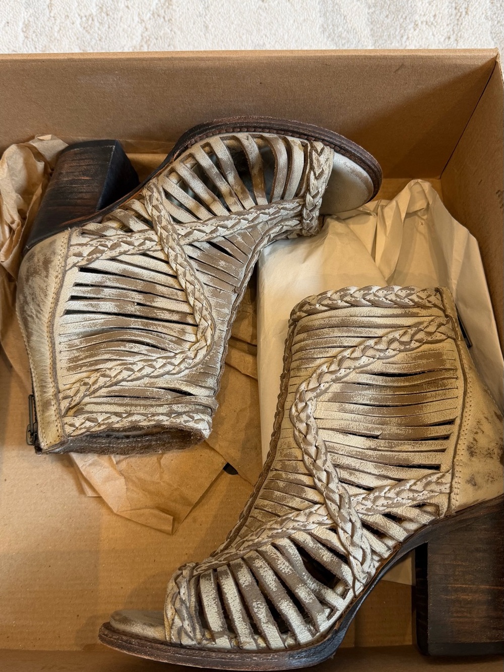 Freebird by Steven Braided. Ankle Booties in Light cream and tan. Western.